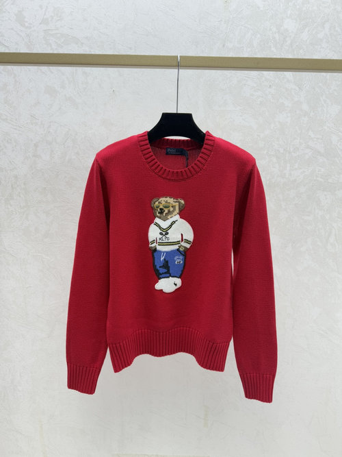 Polo Ralph Lauren Color-Blocked Bear Jacquard Round Neck Long-Sleeved Knit Top in Red