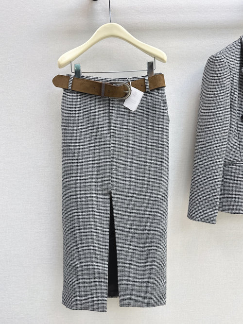 Brunello Cucinelli Retro Houndstooth Wrap-Around Skirt with Slit, Chic Office Wear