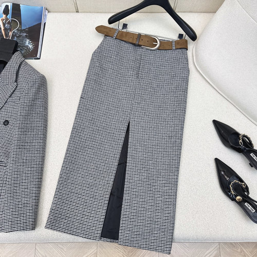 Brunello Cucinelli Minimalist Vintage Houndstooth Split Skirt