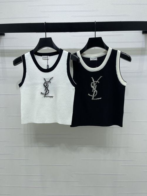 Yves Saint Laurent Diamond-Encrusted Logo Round Neck Knitted Vest, Premium Soft Fabric