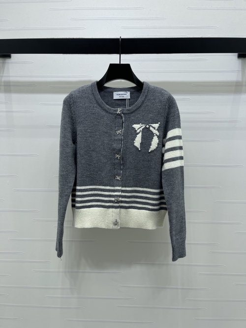 Thom Browne Elegant Knit Cardigan with Rhinestone Bow Buttons, Spring Collection