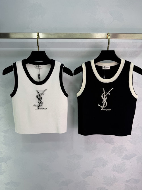 Yves Saint Laurent Beaded Embroidered Knit Vest with Classic Logo, Ideal for Daily Layering