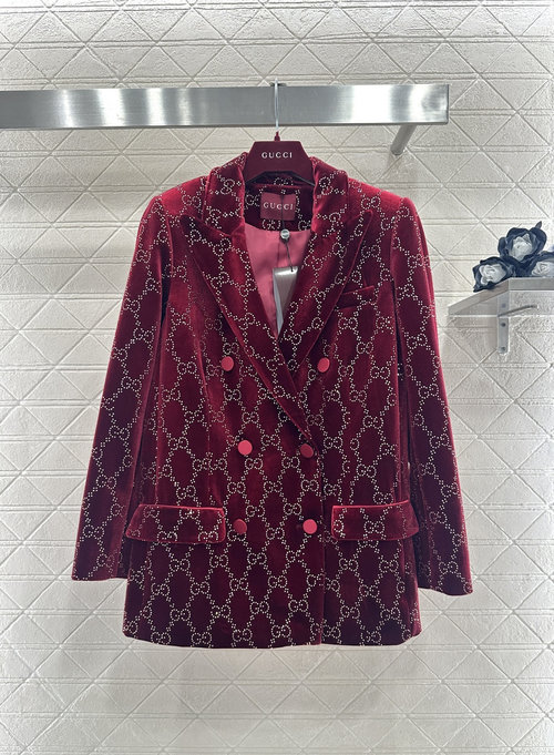 Gucci Wine Red Silk Velvet Diamond Suit for Elegant Events