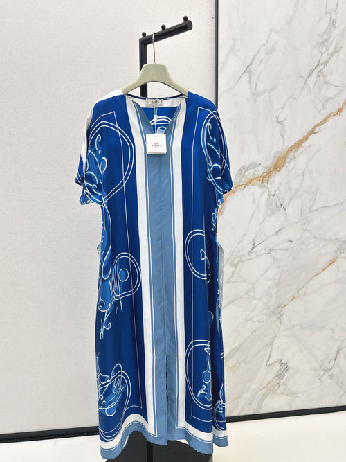 Hermes Silk Kaftan Dress with Split and All-over Print, V-neck