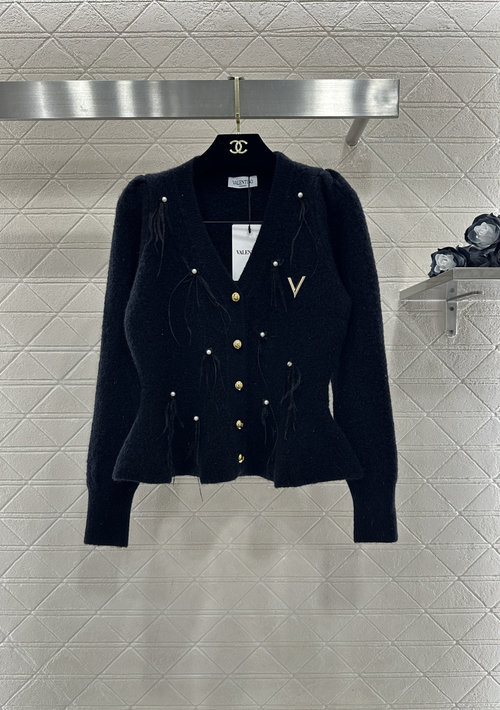 Valentino Feather Knit Cardigan with Puff Sleeves and Pearl Tassels