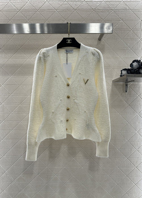 Valentino Feather Knit Cardigan with Puff Sleeves and Pearl Tassels