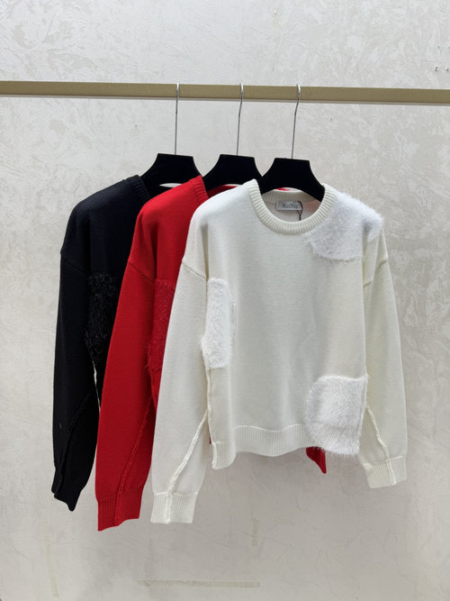 Max Mara Solid Color Feather Trimmed Round-Neck Knit Long Sleeve in White, Red & Black