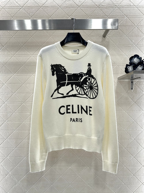 Celine Printed Arc de Triomphe Knitted Sweater in Apricot