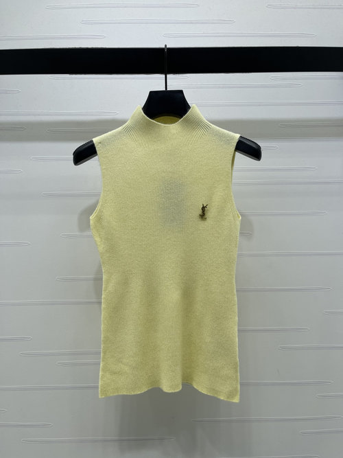 Yves Saint Laurent Metal Logo Knit Vest with Chest Pin and Fine Vertical Stripes