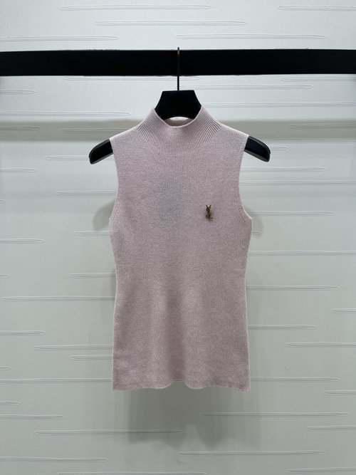 Yves Saint Laurent Metal Logo Knit Vest with Chest Pin and Fine Vertical Stripes