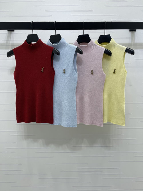 Yves Saint Laurent Metal Logo Knit Vest with Chest Pin and Fine Vertical Stripes