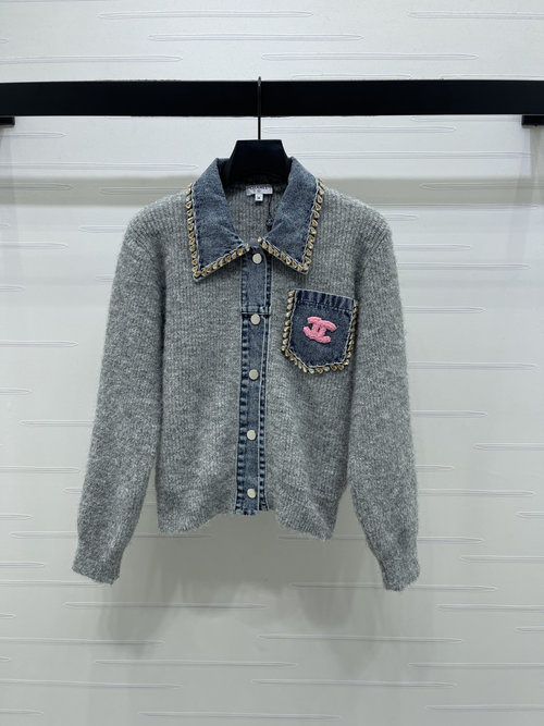 Chanel Fake Two - piece Denim Polo Collar Knit Cardigan with Diamond Accent