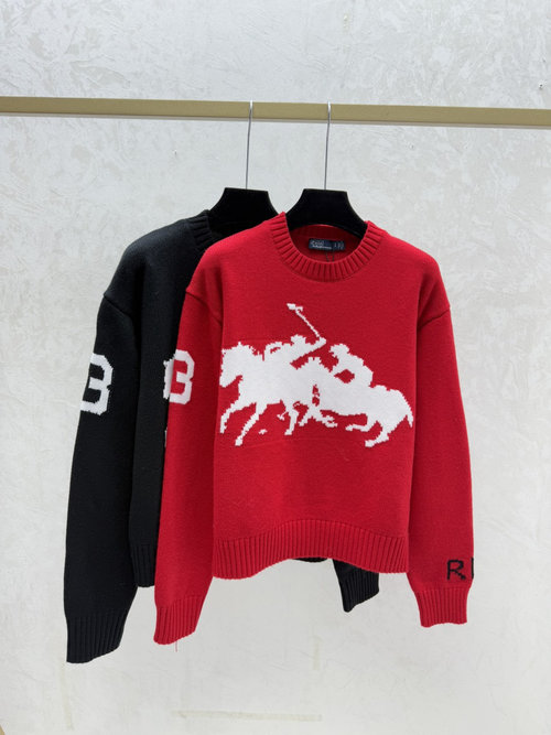 Polo Ralph Lauren Contrasting Warhorse Jacquard Round-Neck Long-Sleeve Knit in Red and Black