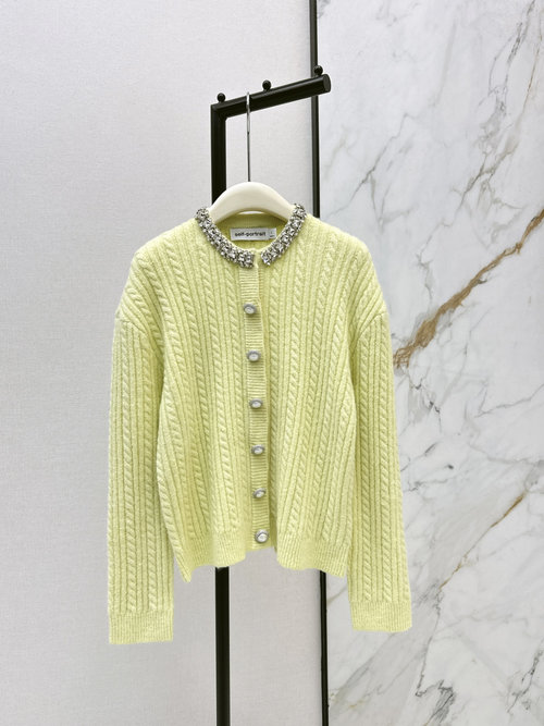 Self-Portrai Cream Yellow Diamond-Embellished Woolen Knit Jacket, Gentle and Luxurious