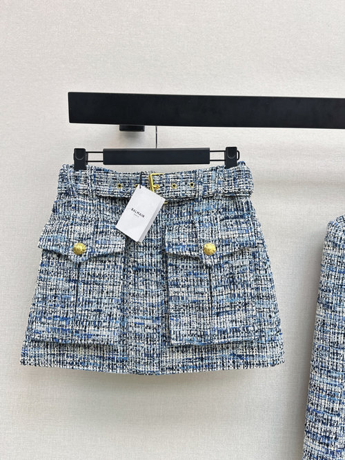 Balmain Blue Knitted Mini Skirt with Belt and Metal Accents