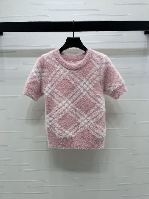 Burberry Fuzzy Checkered Knit Short Sleeve Pullover