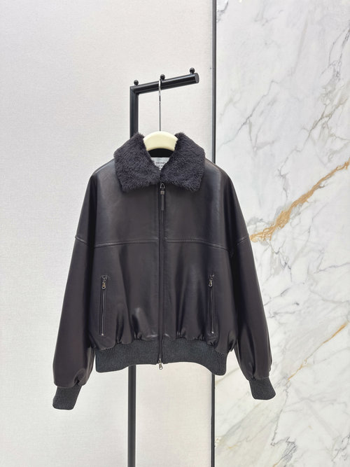 Brunello Cucinelli Leather Cotton Jacket with Removable Fur Collar