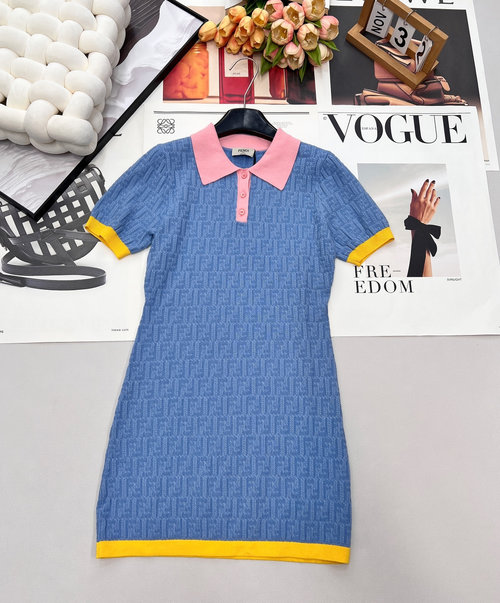 Fendi Jacquard Contrast Collar Double F Logo Knitted Dress