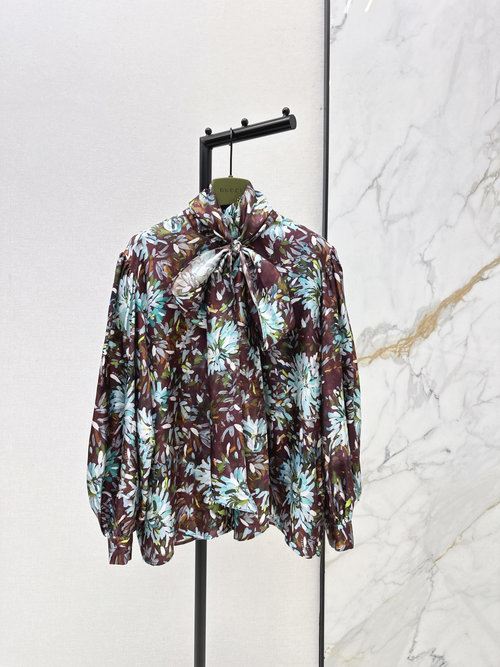 Gucci GG Oil Paint 3D Printed Silk Shirt with Long Sash