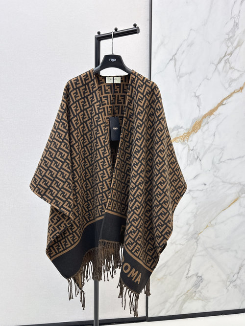 Fendi Classic Double F Pattern Wool Scarf Cape, Sophisticated and Retro
