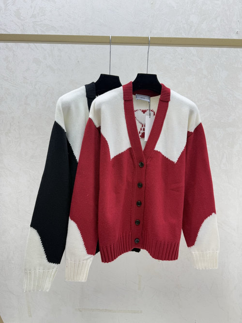 Ami Red and Black Contrast V-Neck Long Sleeve Knit Cardigan