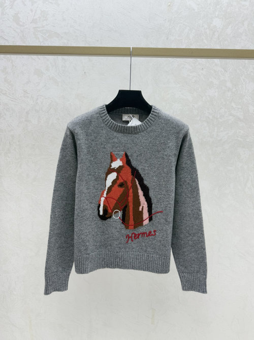 Hermes Gray Contrast Color Pony Jacquard Round Neck Knitted Long Sleeve