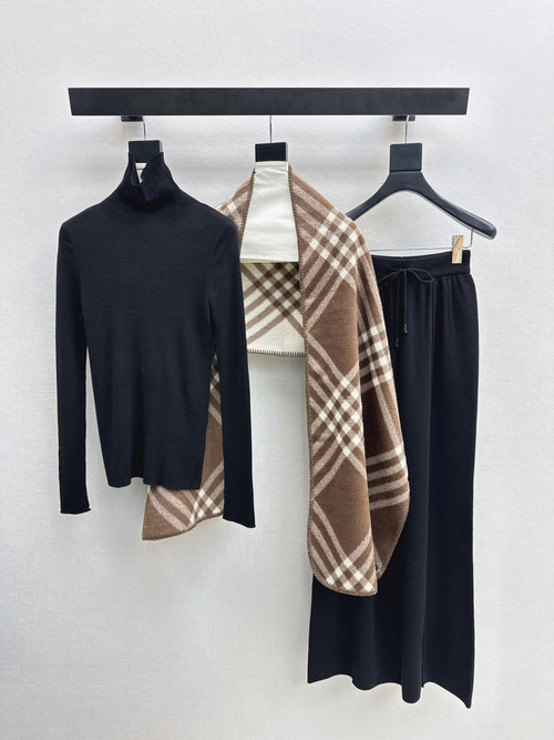 Burberry Knit Set with Scarf, High - Neck Top and Straight - Leg Pants, Graceful