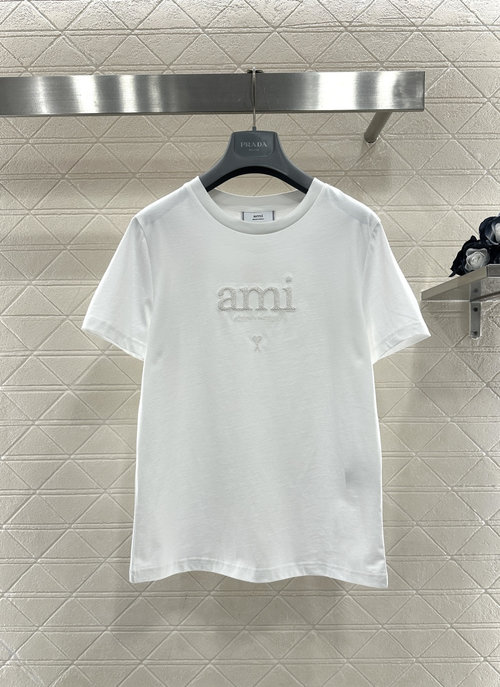 Ami Customized Silk Cotton Short Sleeve T - shirt with Beaded Logo, Four - Color Choice