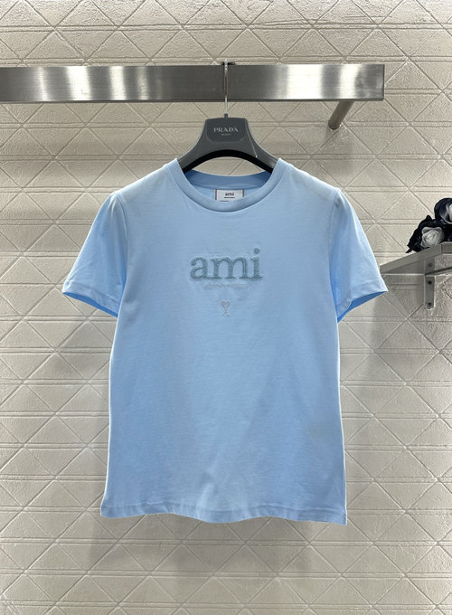 Ami Customized Silk Cotton Short Sleeve T - shirt with Beaded Logo, Four - Color Choice
