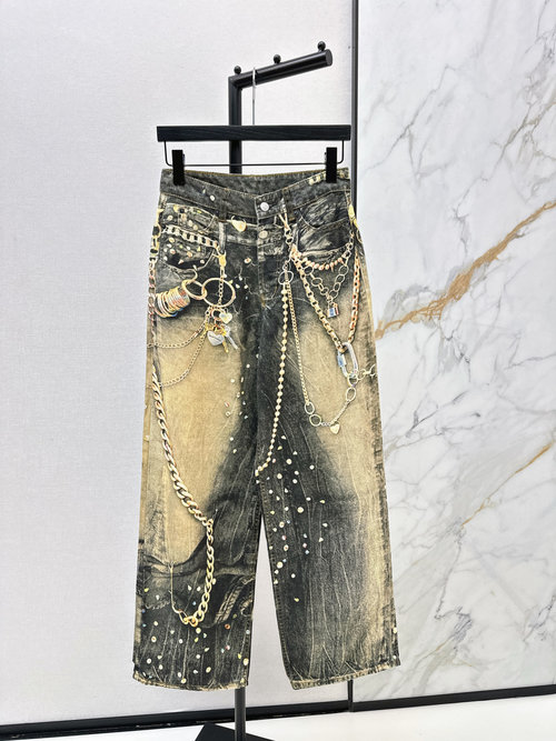 Acne Studios Vintage Wash Denim Wide Leg Pants with Rhinestone and Chain Decorations