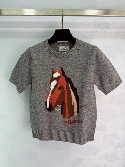 Hermes Colorful Inlaid Pony Head Knit Short Sleeve with Letter Accents