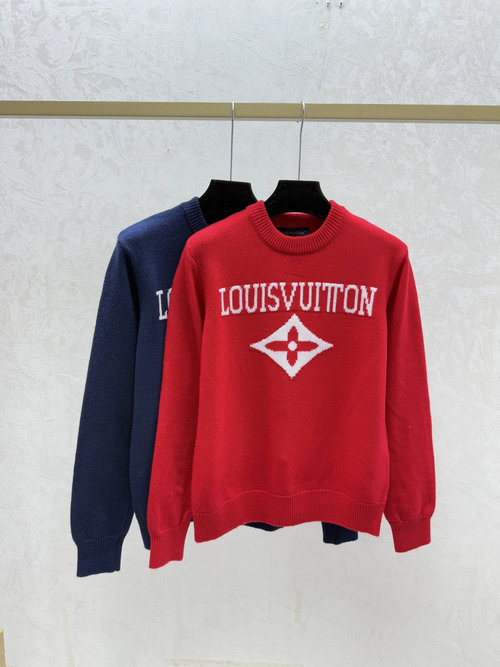Louis Vuitton Red, Sapphire Color-Blocked Letter Jacquard Knit
