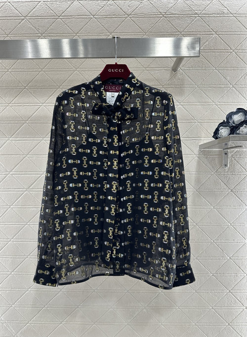 Gucci Silk Jacquard Shirt with Double G Pattern and Bow Tie
