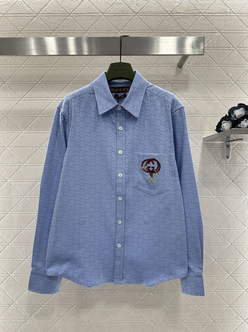 Gucci Full-cotton Jacquard Pocket Shirt with Double G Pattern