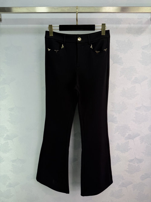 Louis Vuitton High Waisted Flared Stretch Cotton Trousers with Gold Embellishments