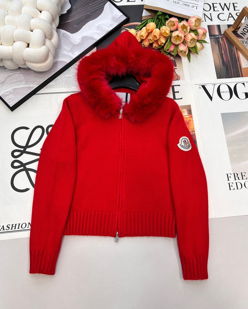 Fendi Detachable Furry Hood Cardigan with Logo Patch