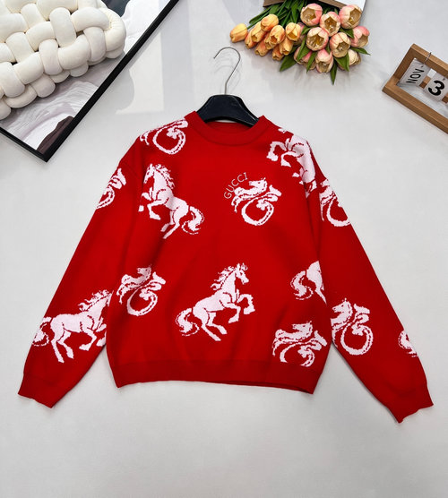 Gucci Knit Sweater with Custom Horse Pattern and Contrast Letter Embroidery