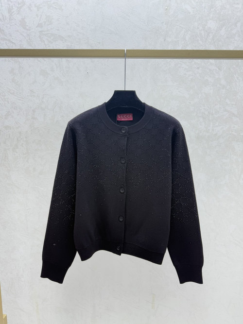 Gucci Monogram Rhinestone Round-Neck Knitted Cardigan, Elegant Touch
