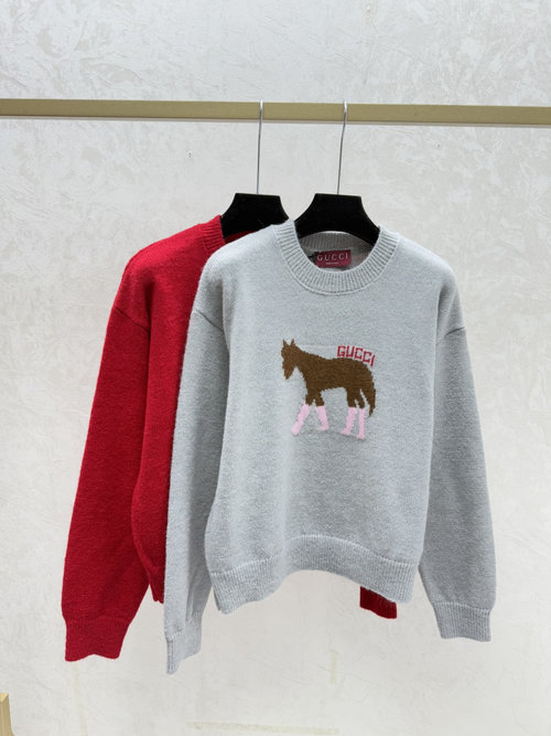 Gucci Contrast Pony Round-Neck Knit Long-Sleeve Top