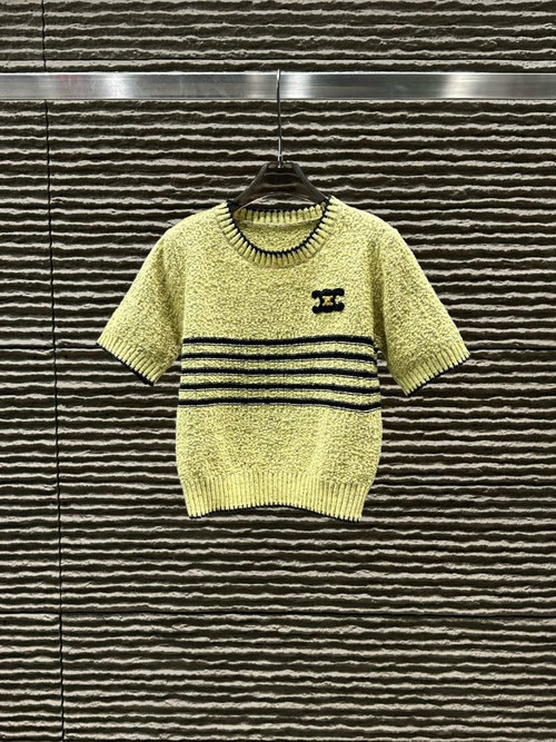 Celine Triangle-Arch Striped Color-Block Short-Sleeve Top