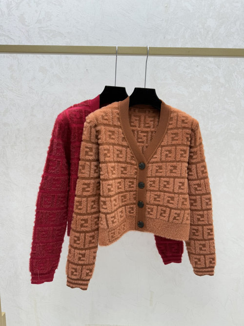 Fendi Vintage V-Neck Long-Sleeved Knit Cardigan in Khaki and Red