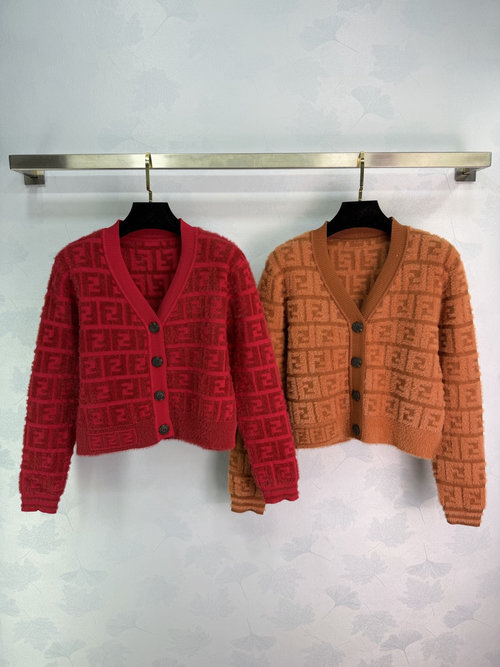Fendi Elastic Knitted V - Neck Cardigan with FF Pattern, Bright Colors