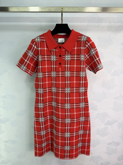 Burberry Red Checked Polo Collar Knit Dress, Elegant