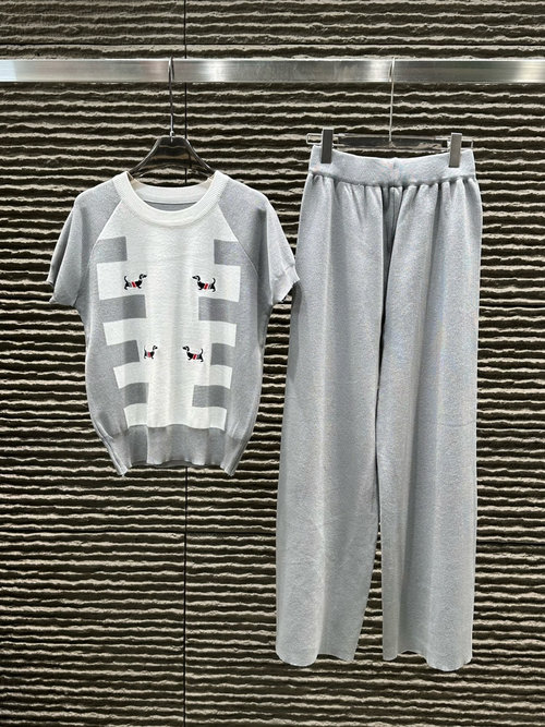 Thom Browne New Embroidered Puppy Short Sleeve and Long Pants Set