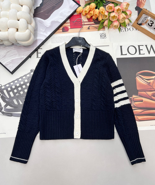 Thom Browne Classic Fair Isle Knit V-Neck Cardigan with Shell Buttons