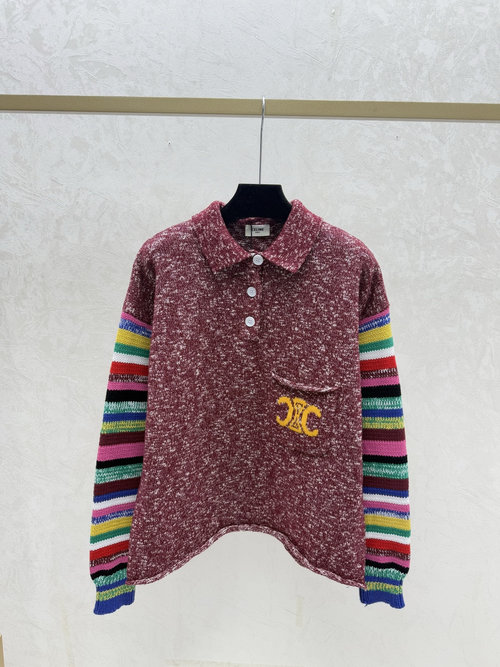 Celine Red Contrasting Stripe Collared Knit Top