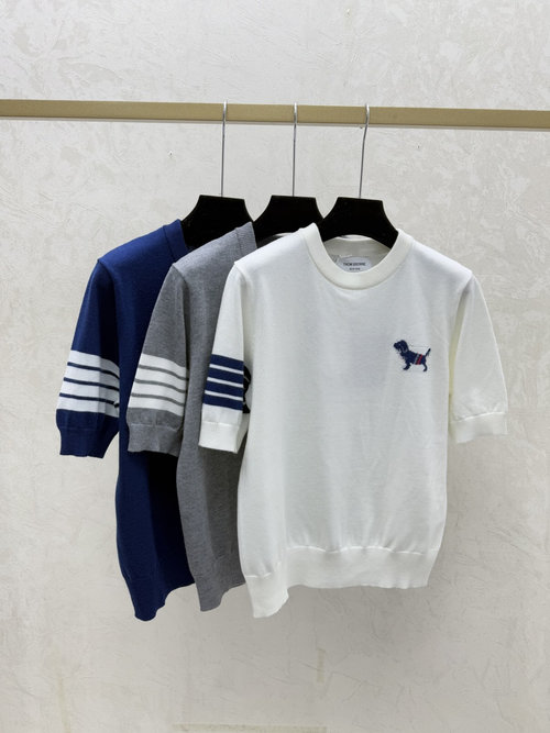 Thom Browne White, Gray and Blue Contrasting Stripe Round-Neck Top