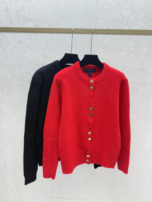 Louis Vuitton Simple Round Neck Knitted Long Sleeve Cardigan in Red and Black