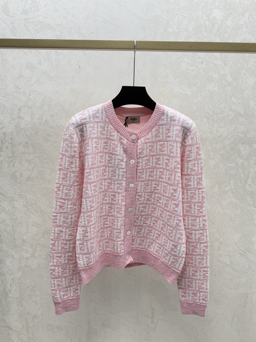 Fendi Contrast Color Floral Letter Round Neck Knitted Long Sleeve Cardigan in Pink