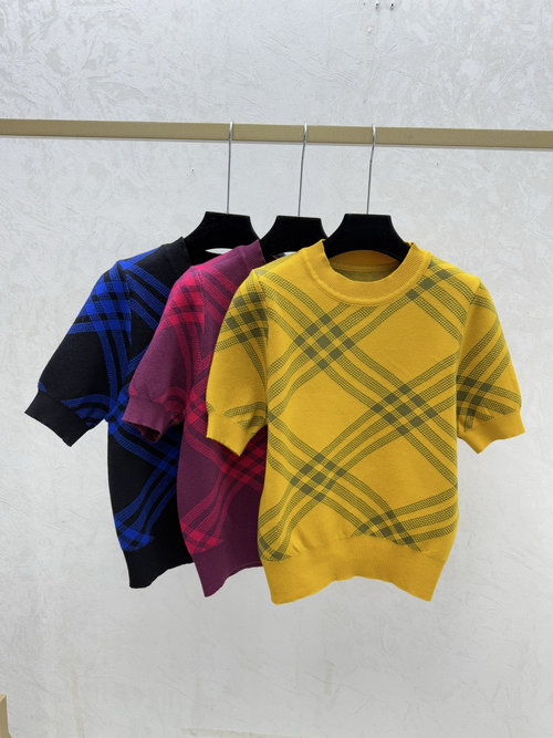 Burberry Color-Blocked Yellow, Red & Black Checked Striped Round-Neck Knit Short-Sleeve Top